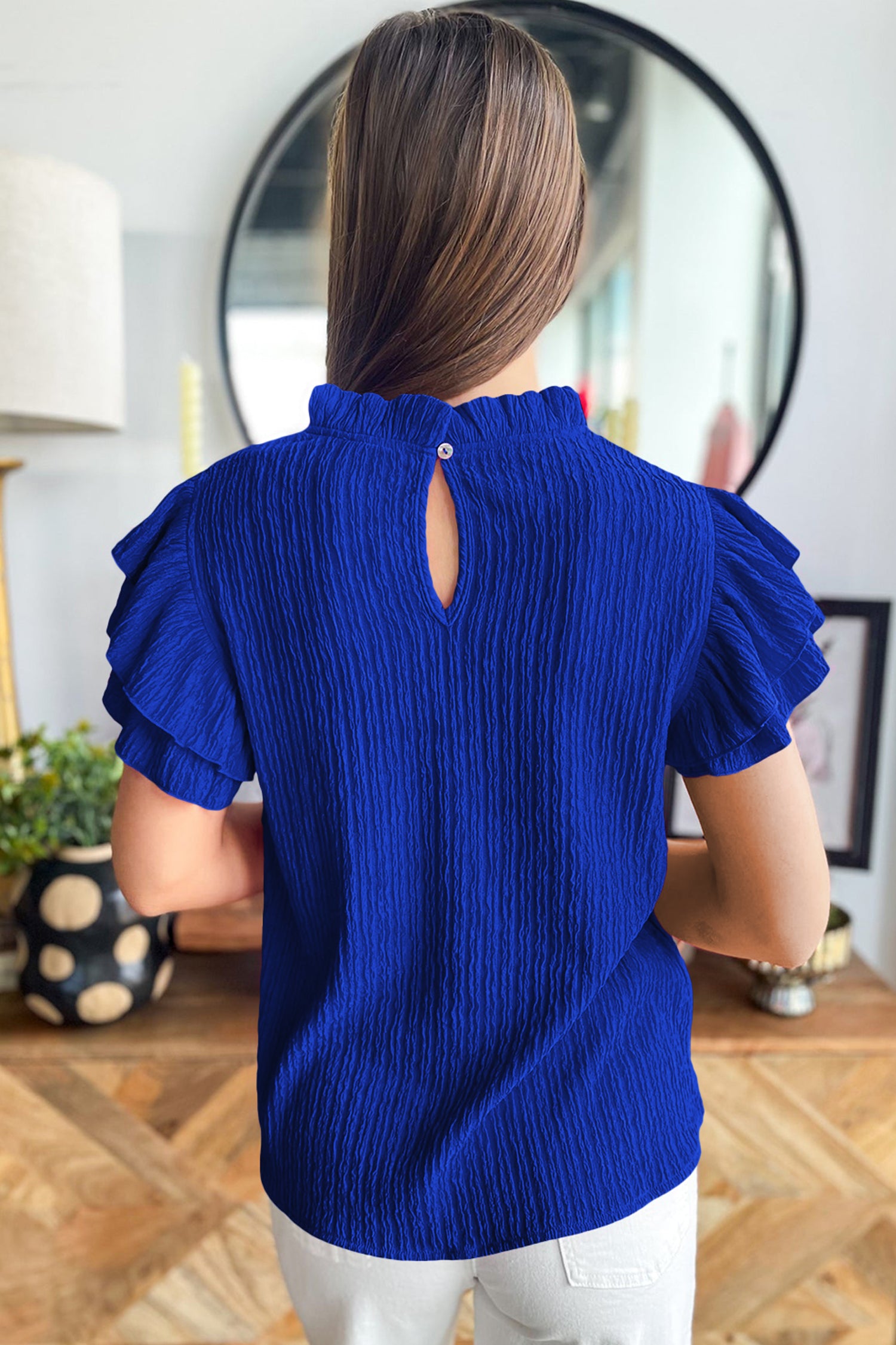 Rose Red Solid Color Textured Ruffle Trim Short Sleeve Blouse