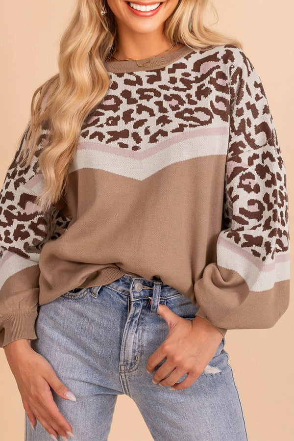 Pull femme léopard, en maille, col rond, colorblock — jaune