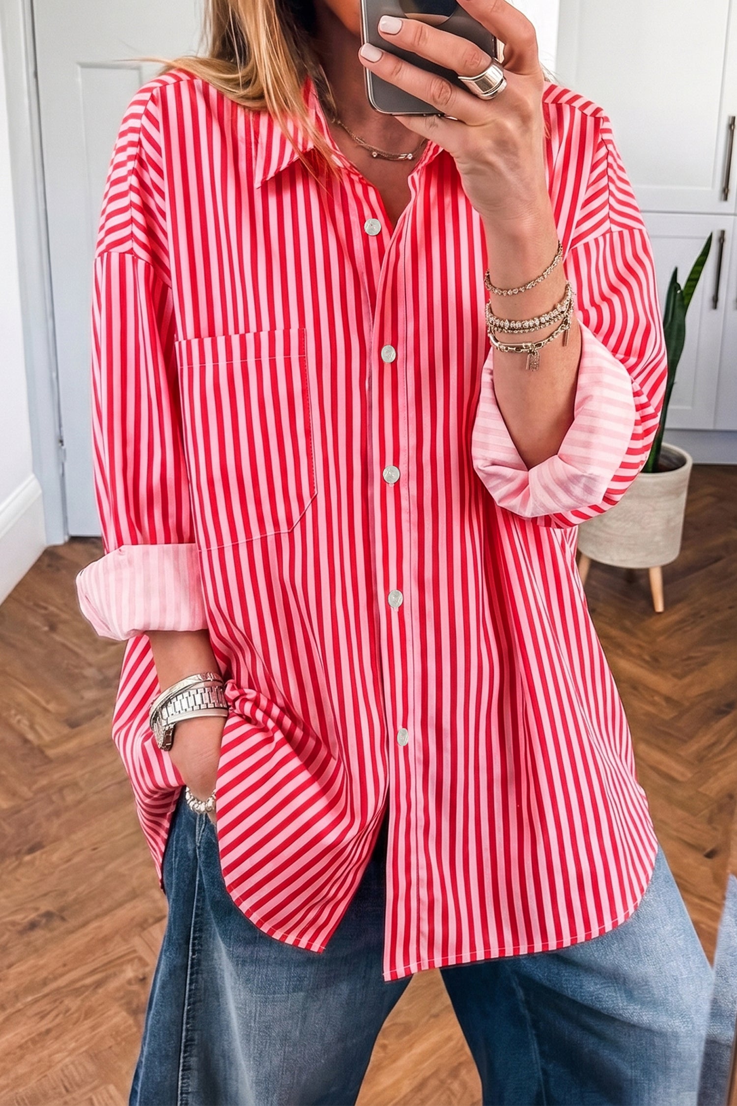 Red Stripe Button — Tops/Blouses & Shirts, vue 2, LeGeekShop