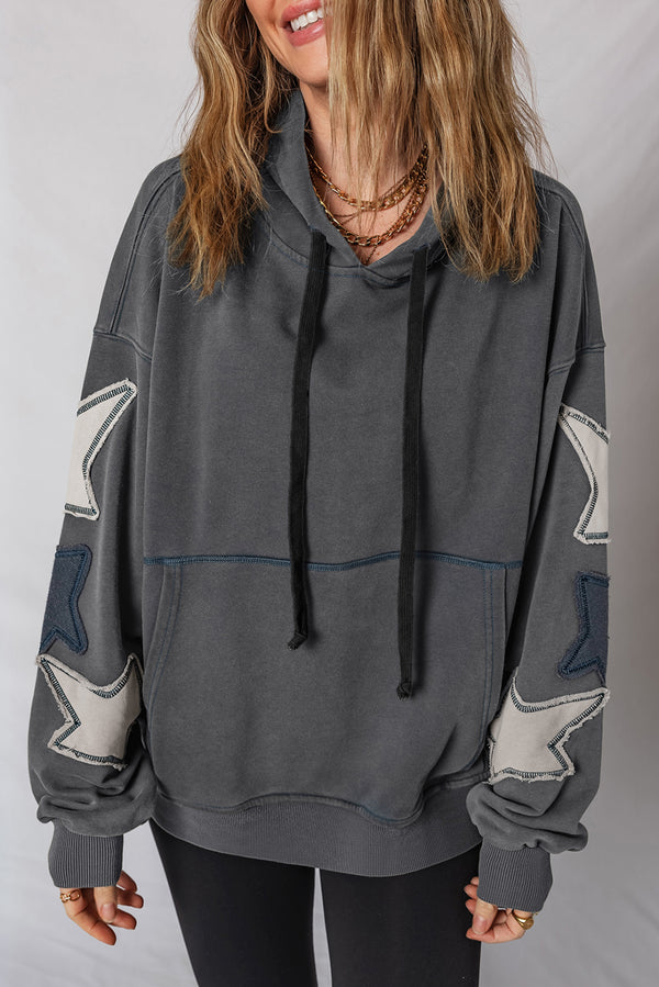 Carbon Grey Star Patchwork Contrast Stitching Mineral Wash Kangaroo Pocket Vintage Hoodie femme