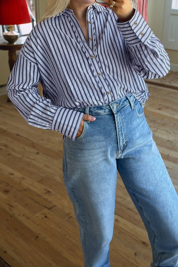 Chemise femme rayé, boutonnée, manches longues, ample — bleu