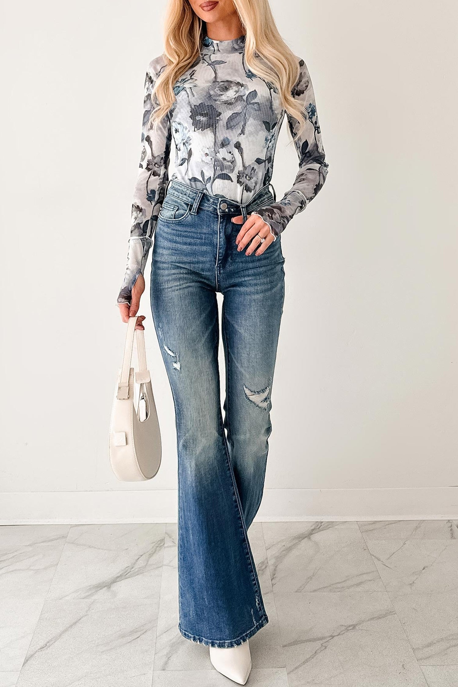 Sky Blue Floral Mesh High Neck Long Sleeve Sheath Top
