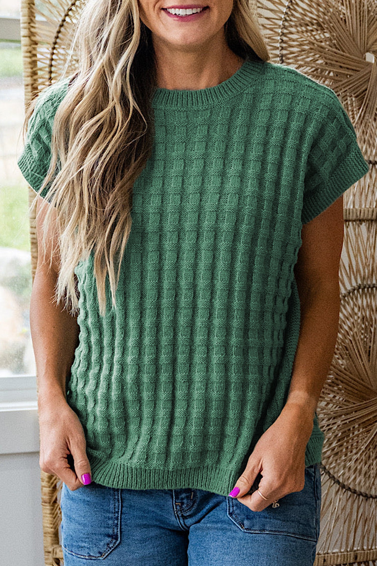 Pull femme manches courtes, col rond, uni — vert