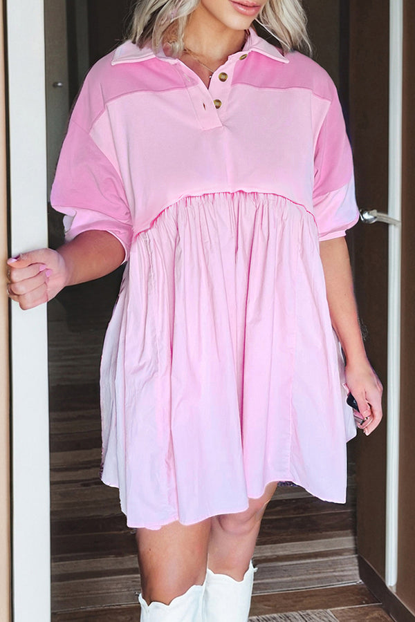 Robe courte femme patchwork, boutonnée, colorblock — rose