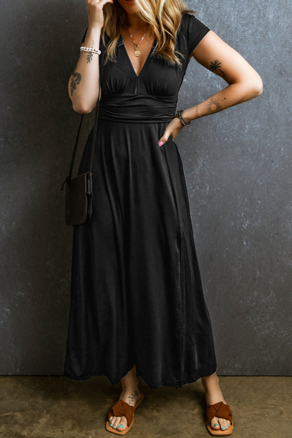 Robe longue femme smocké, manches courtes, col V, taille haute, maxi — noir
