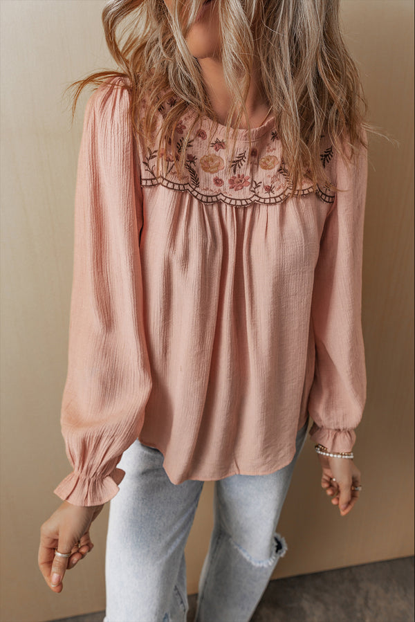 Blouse femme broderie florale — rose