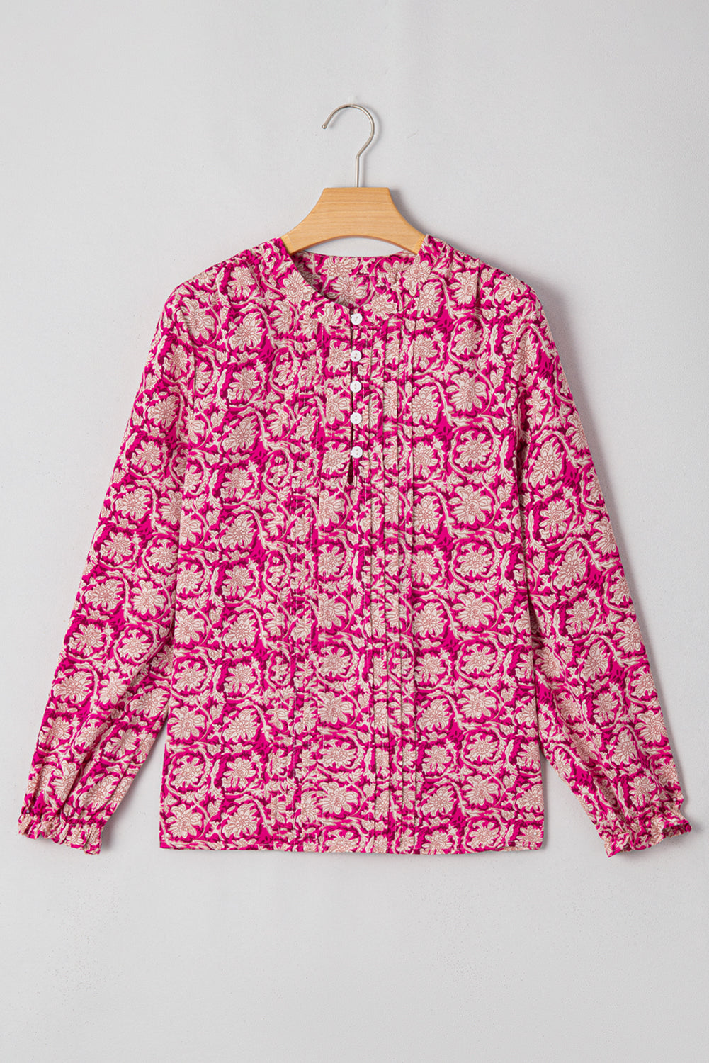 Sky Blue Floral Print Split Neck Pleated Puff Sleeve Blouse