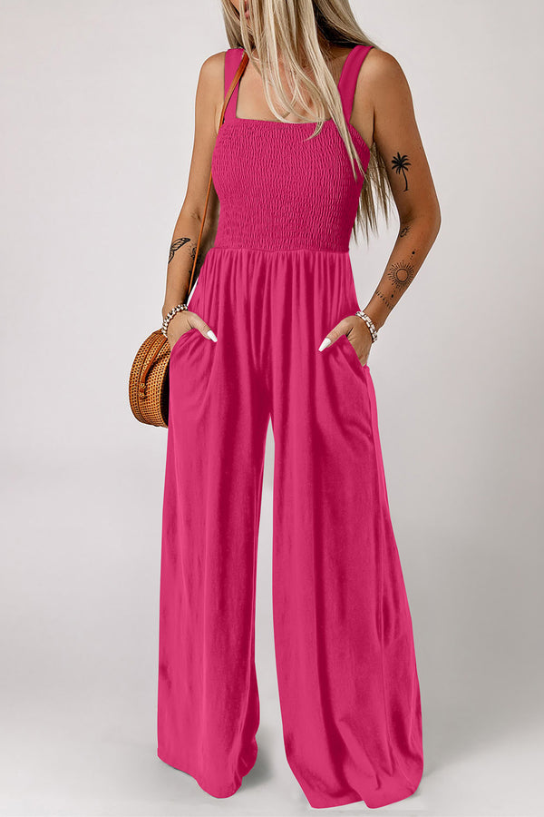 Combinaison femme smocké, poches, sans manches — rouge rose