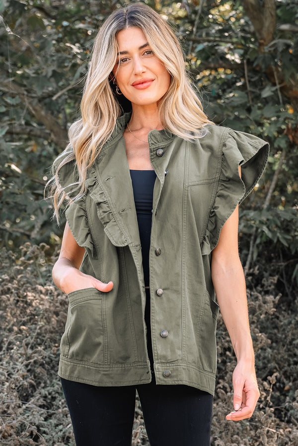 Veste femme patchwork, à volants, denim — vert