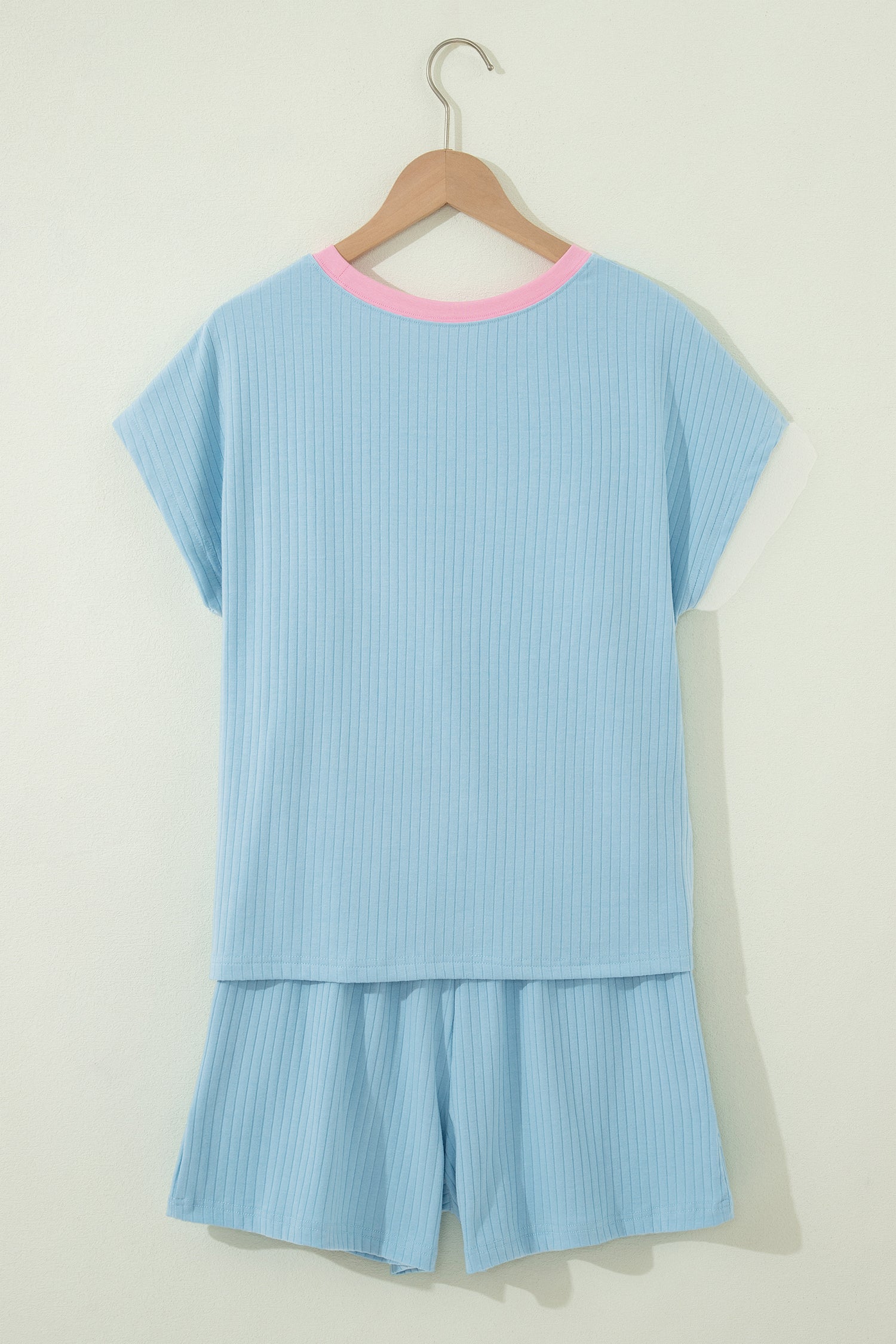 Clearly Aqua Soft Ribbed Color Block Trim Casual Short Set