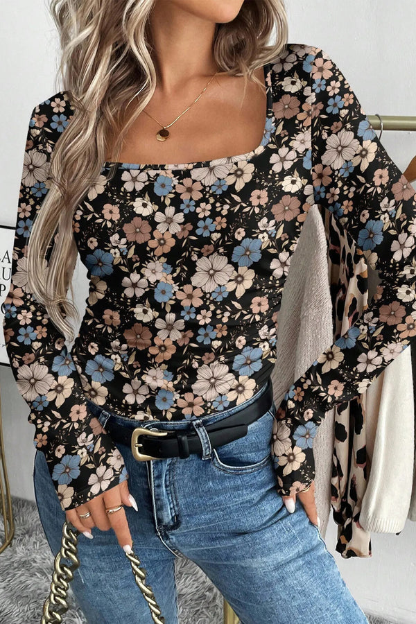 T-shirt femme floral, manches longues — noir