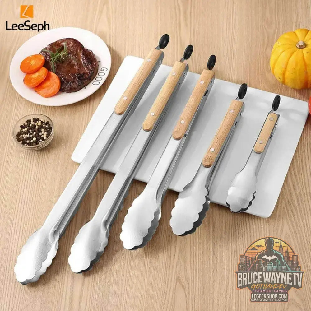 🔥 Pince de Cuisine BBQ Leeseph – Inox & Bois de Chêne | 5 Tailles Disponibles - Legeekshop