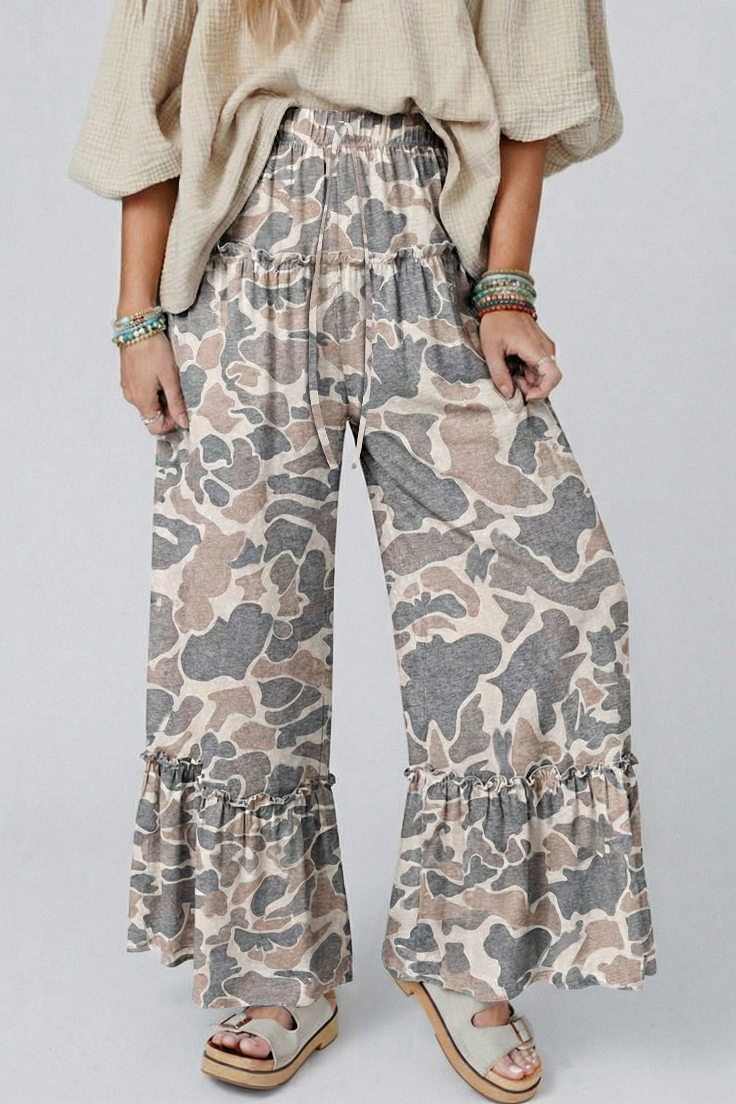 Multicolour Camo Print Wide Leg Casual Pants