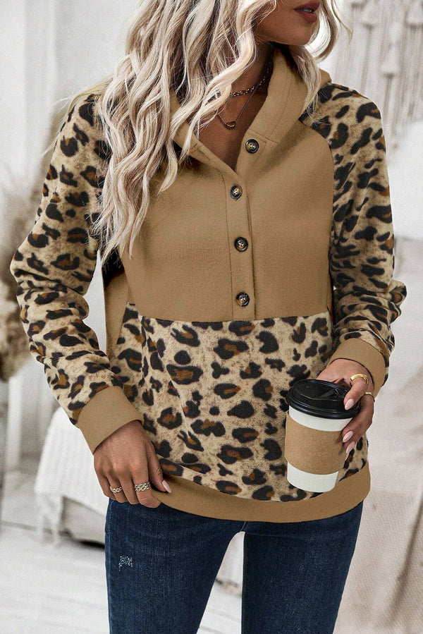 Hoodie femme léopard, patchwork, boutonnée, demi-boutonnage, à capuche — beige