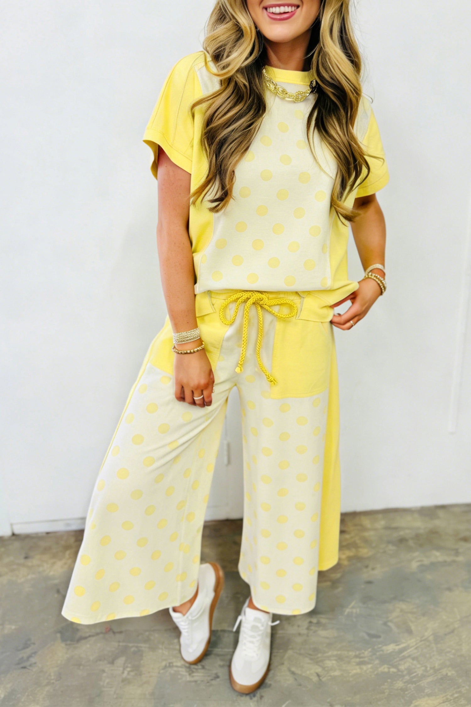 Green Color Block Patchwork Polka Dot Wide Leg Pant Set
