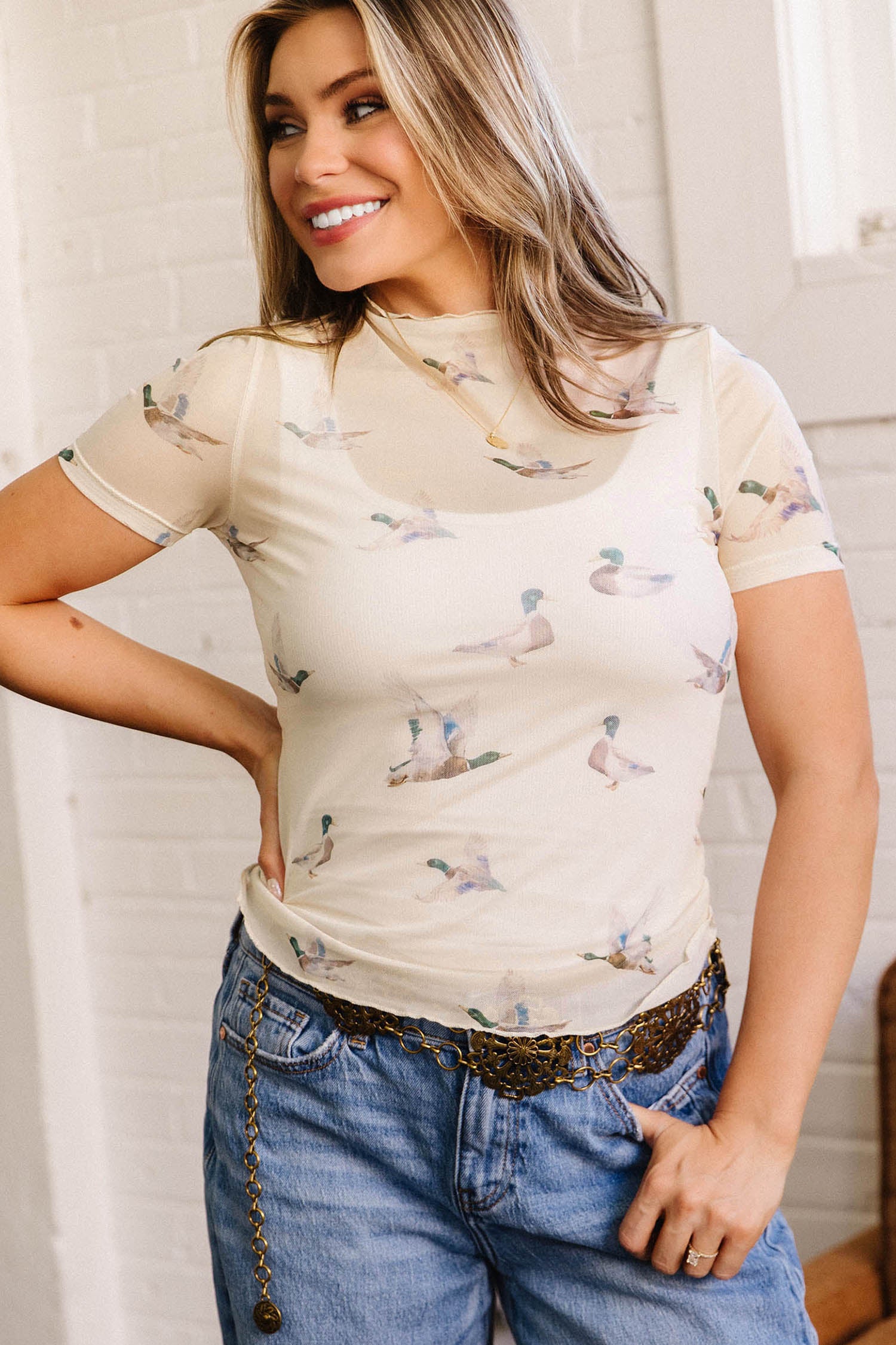 Haut mesh transparent, manches courtes — beige