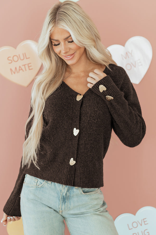 Cardigan femme boutonnée, col V — café