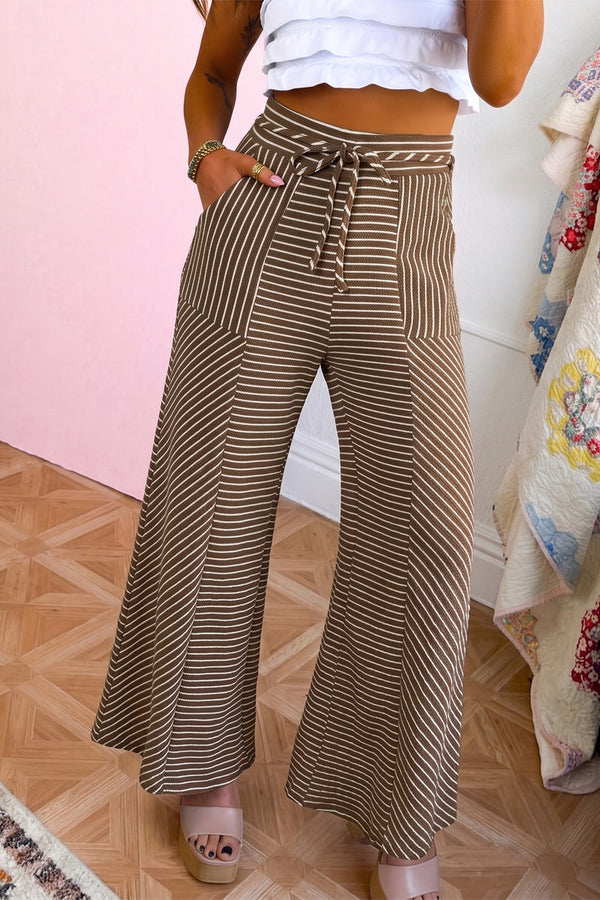 Pantalon femme rayé, patchwork, jambe large, casual — kaki