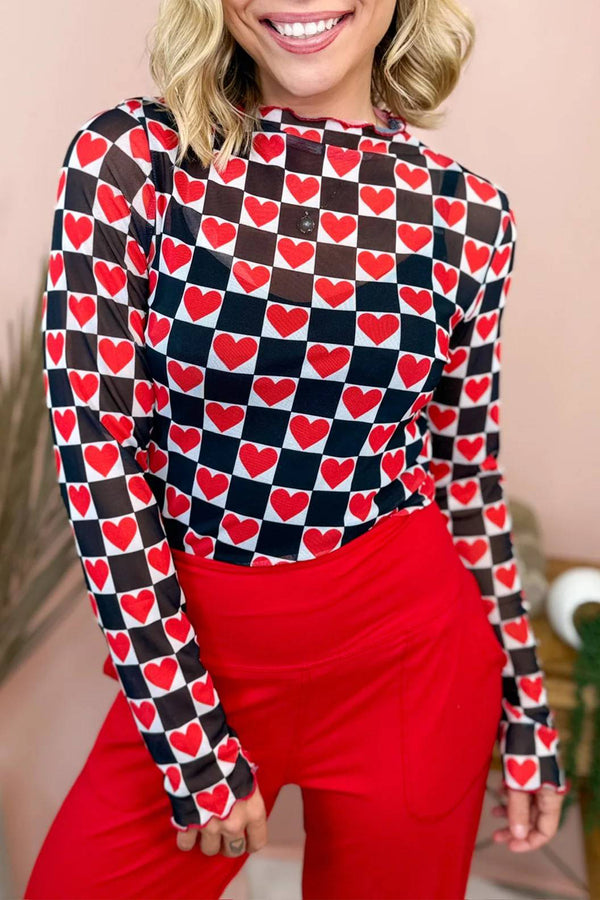Black Plaid Heart Mesh Sheer Long Sleeve High Neck Blouse