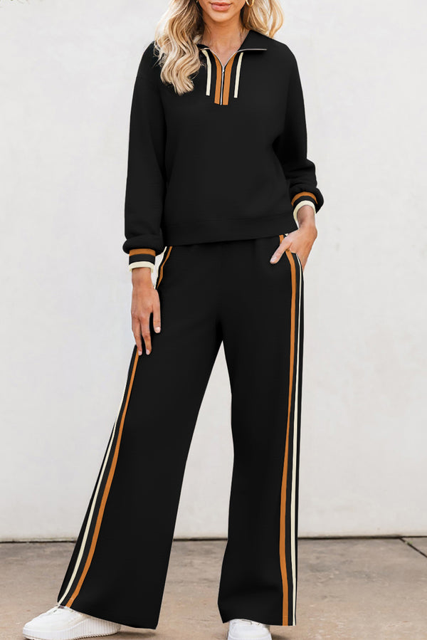Pantalon femme rayé, patchwork, zip, ample — noir