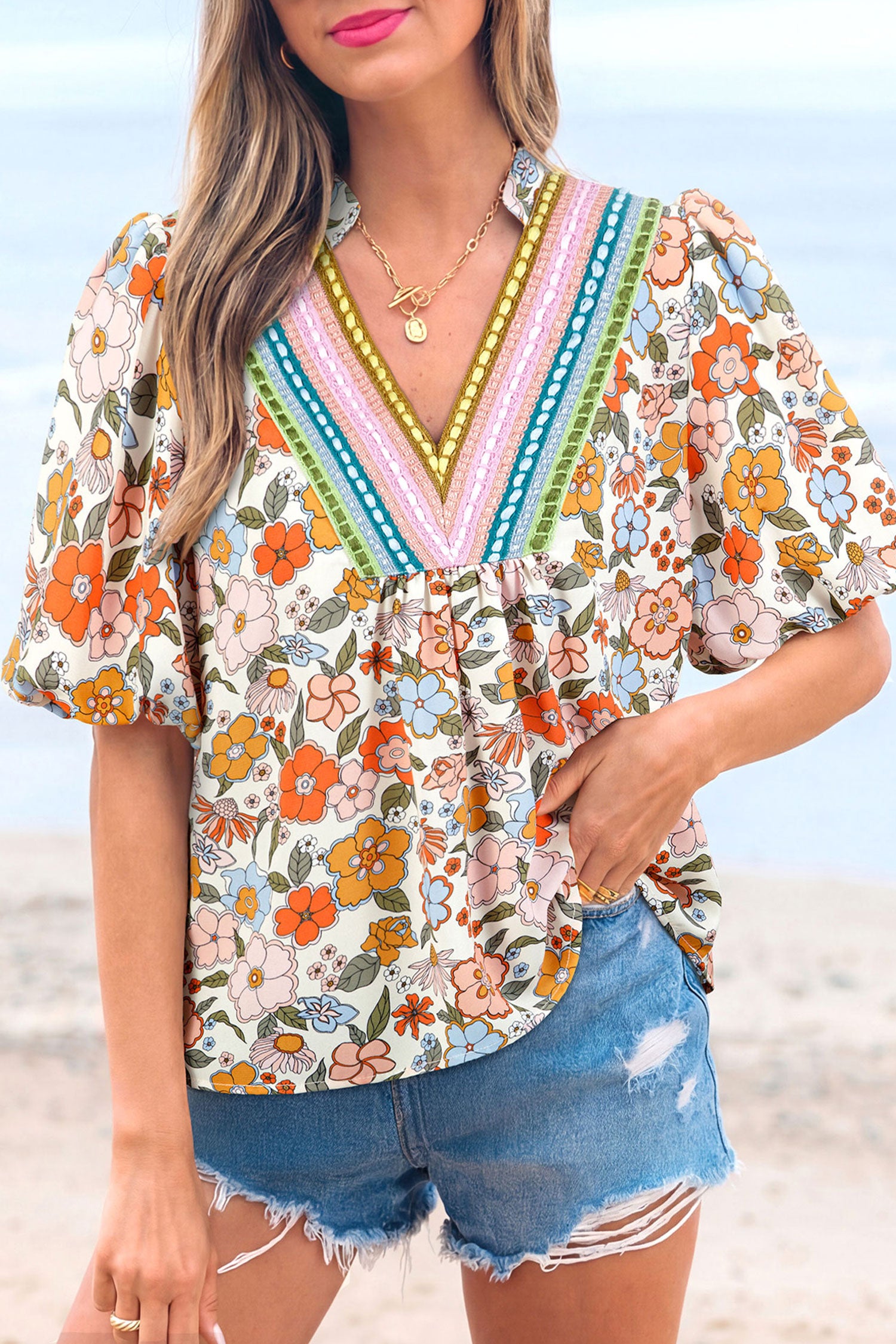 Multicolour Crochet V Neckline Puff Sleeve Boho Flower Blouse