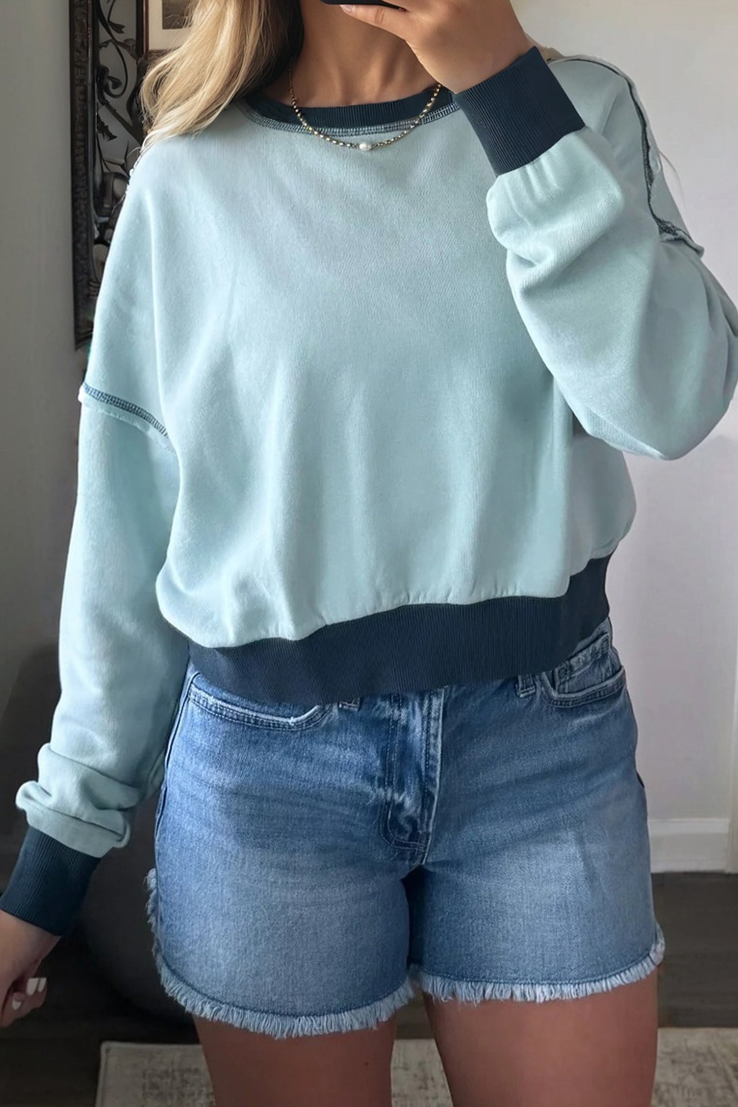 Sweat femme patchwork, colorblock, cropped — bleu