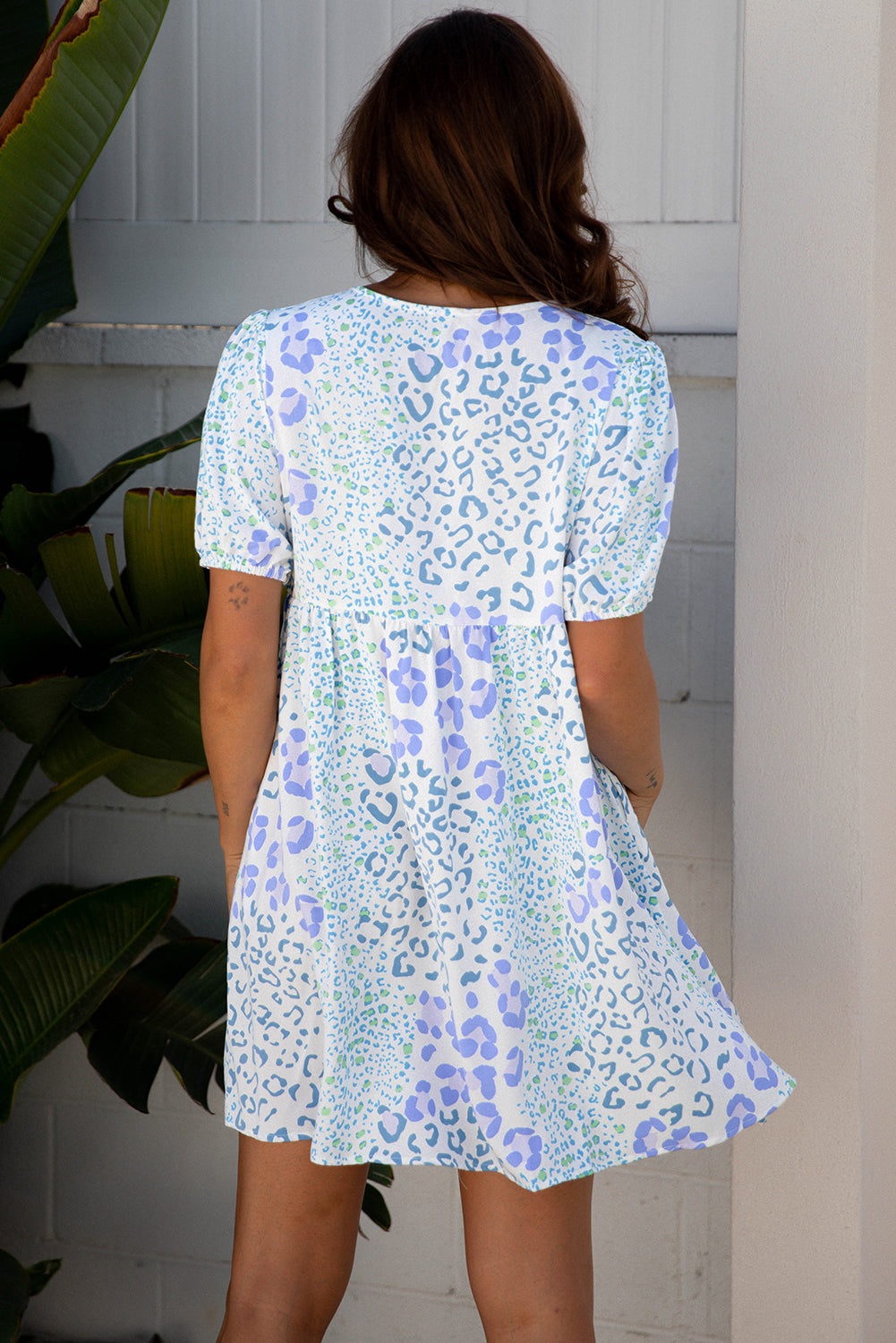 Sky Blue Leopard Contraste Bow Puff Sleeve Mini robe