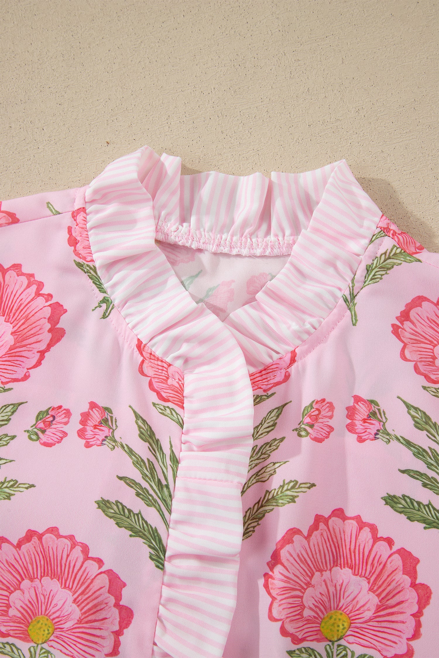 Pink Sweet Blooms Ruffle Striped Trim Puff Sleeve Shirt
