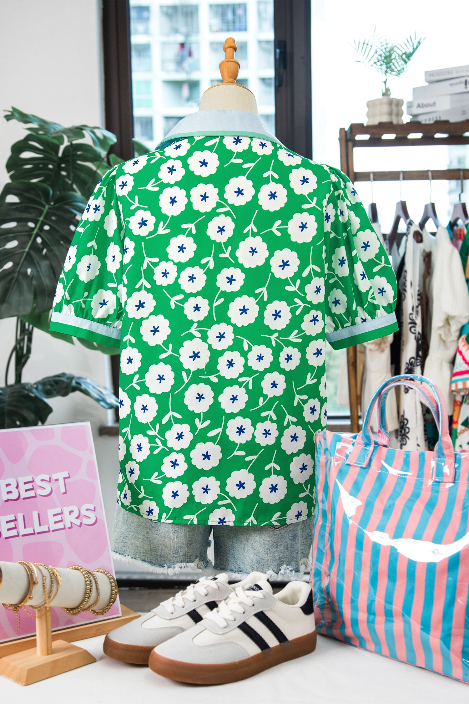 Green Flower Printed Contrast Patchwork Collar Short Sleeve Blouse