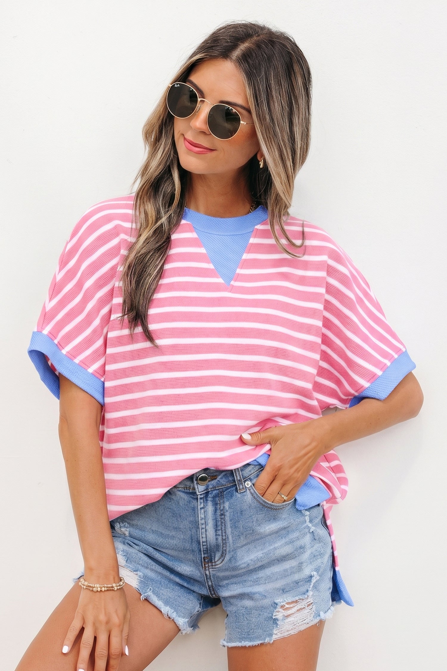 Pink Stripe Contrast Trim Loose Short Sleeve Top