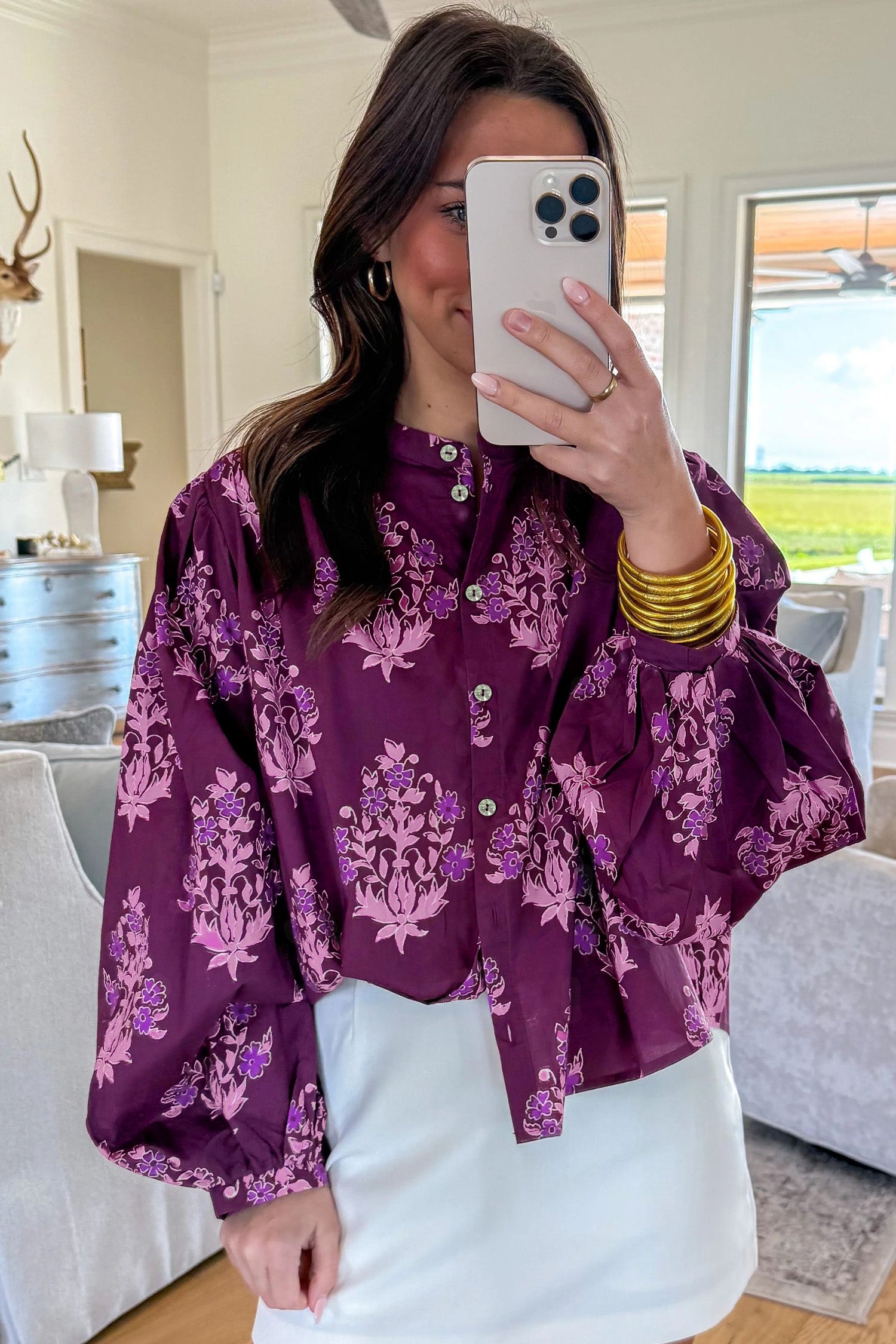 Purple Floral Print Button — Tops/Blouses & Shirts, vue 4, LeGeekShop