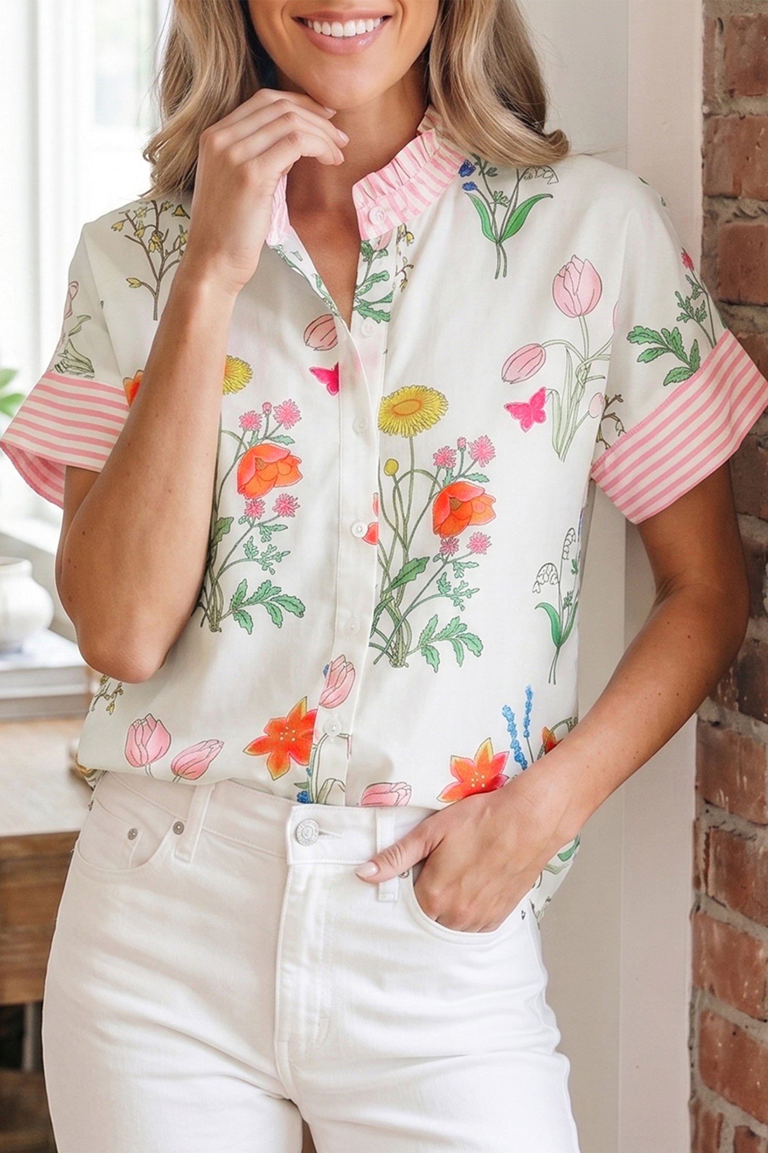 Beige Floral Striped Patchwork Ruffled Collar Short Sleeve Shirt