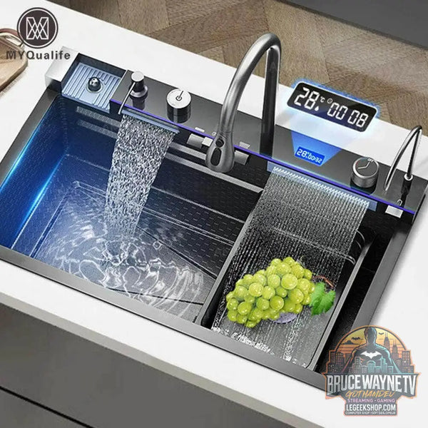 🚰 Évier cascade en acier inoxydable 304 – Affichage numérique & accessoires intégrés - Legeekshop