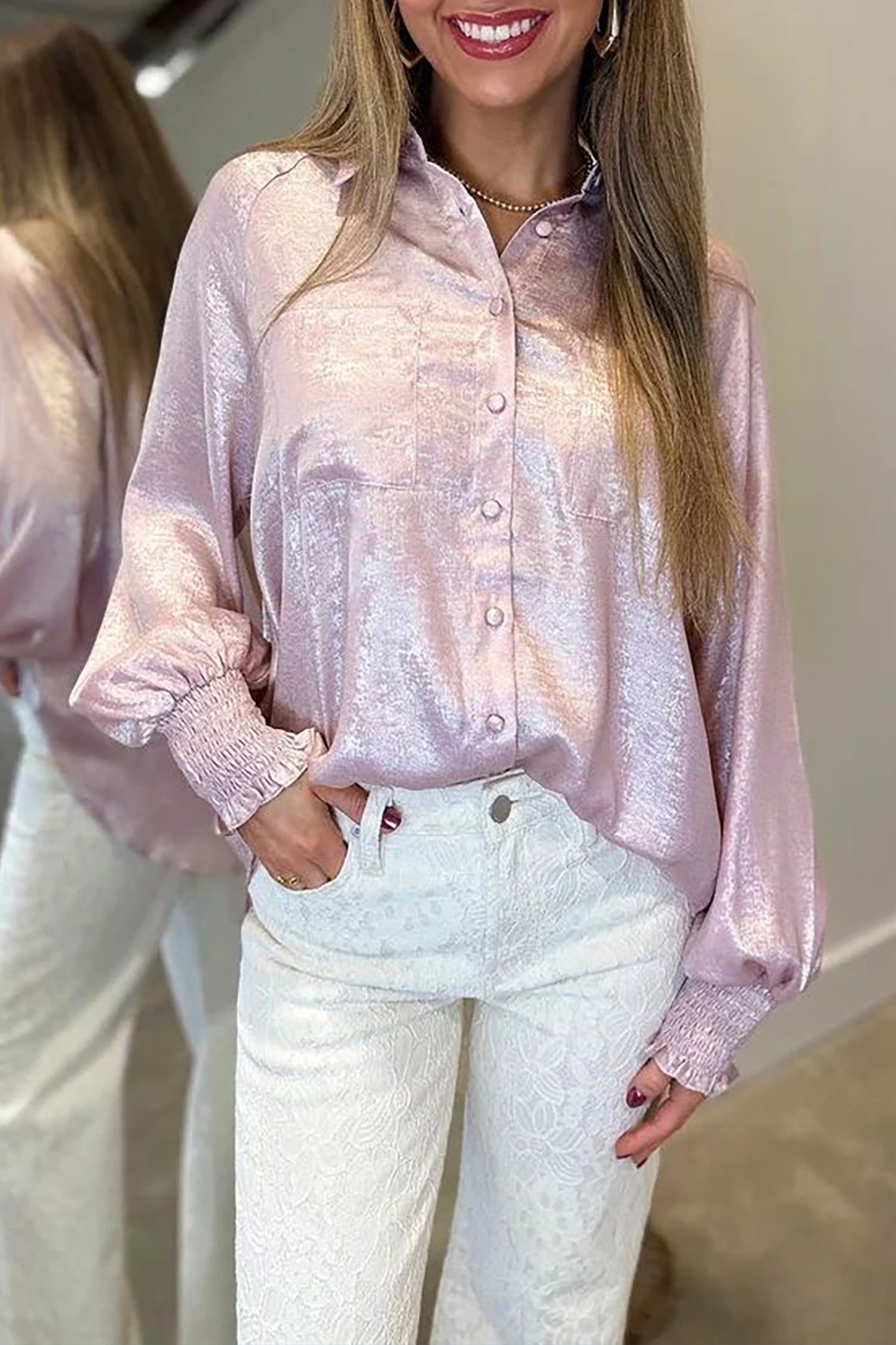 Delicacy Long Sleeve Button Front Ruffle Cuffs Back Paneling Shirt