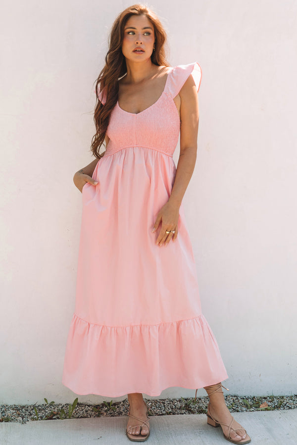 Robe longue femme à volants, smocké, col V, taille haute, maxi — rose
