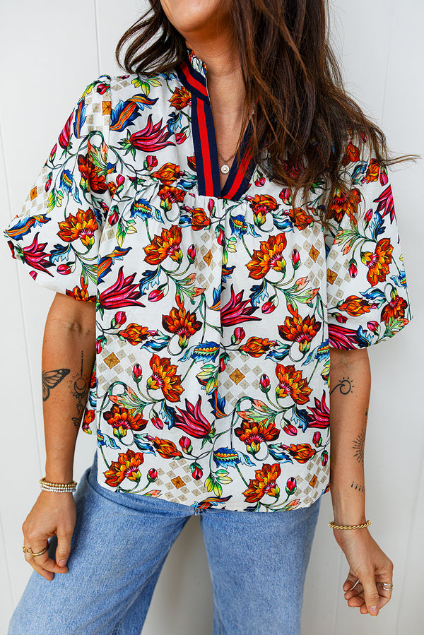 Blouse femme floral, manches courtes, col V — multicolore