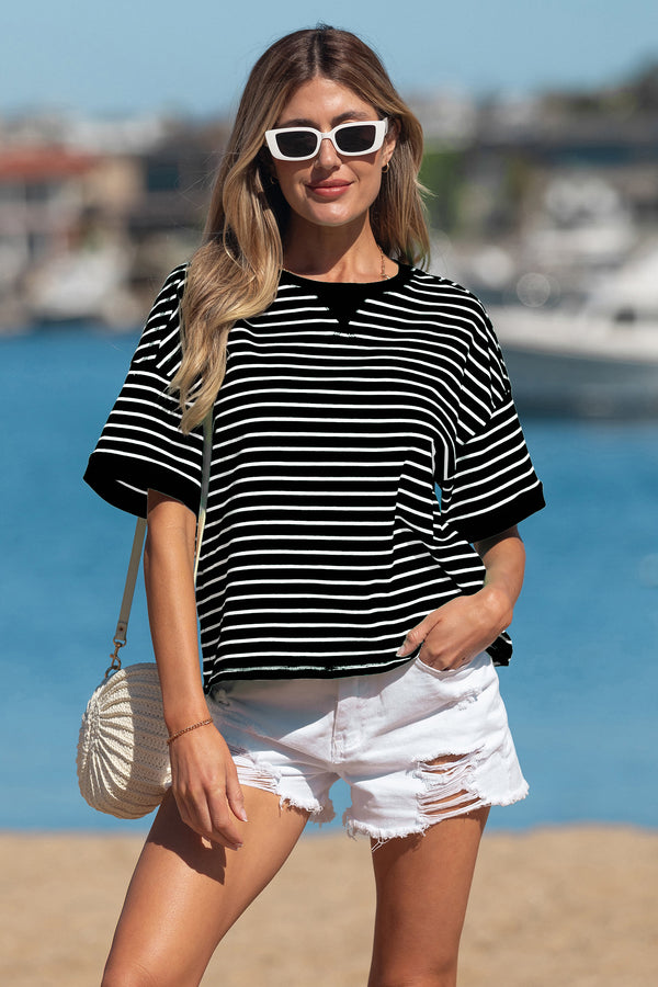 T-shirt femme rayé, patchwork, manches 3/4, côtelé — noir