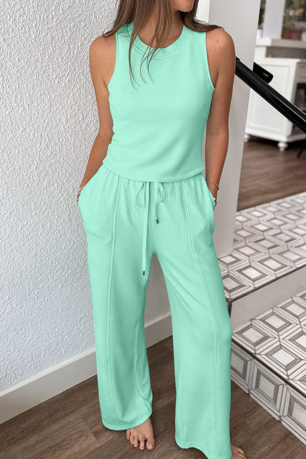 Ensemble femme à cordon, taille élastique, casual, uni