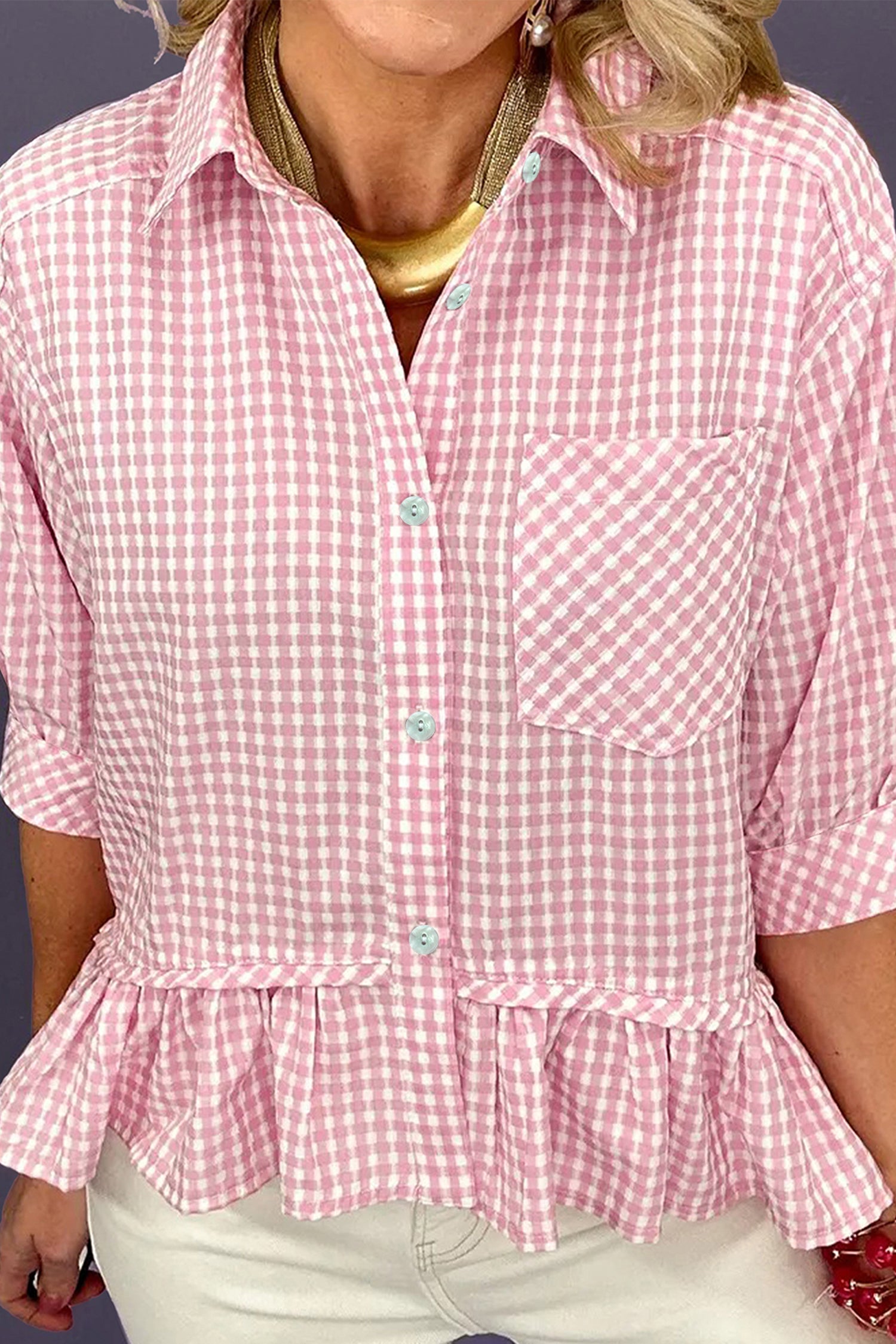 Pink Plaid Half Sleeve Ruffle Hem Button Down Shirt