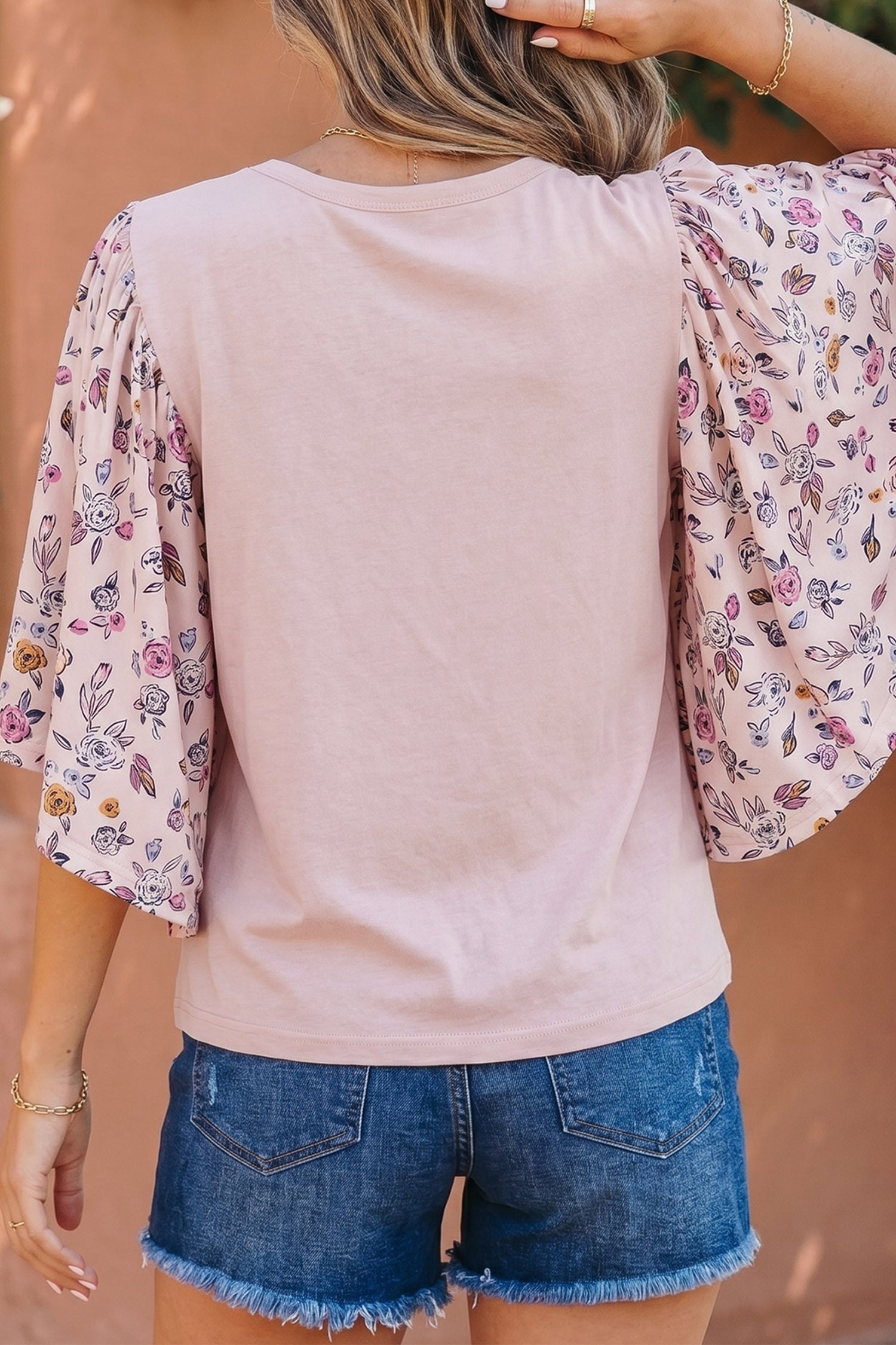 Pink Contrast Floral Patched Flowy Half Sleeve Blouse