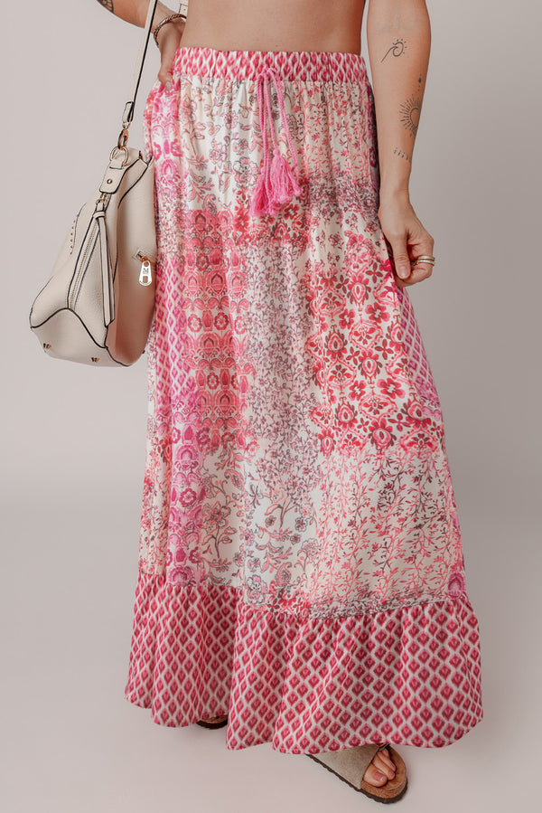 Jupe femme à cordon, taille élastique, maxi — rouge