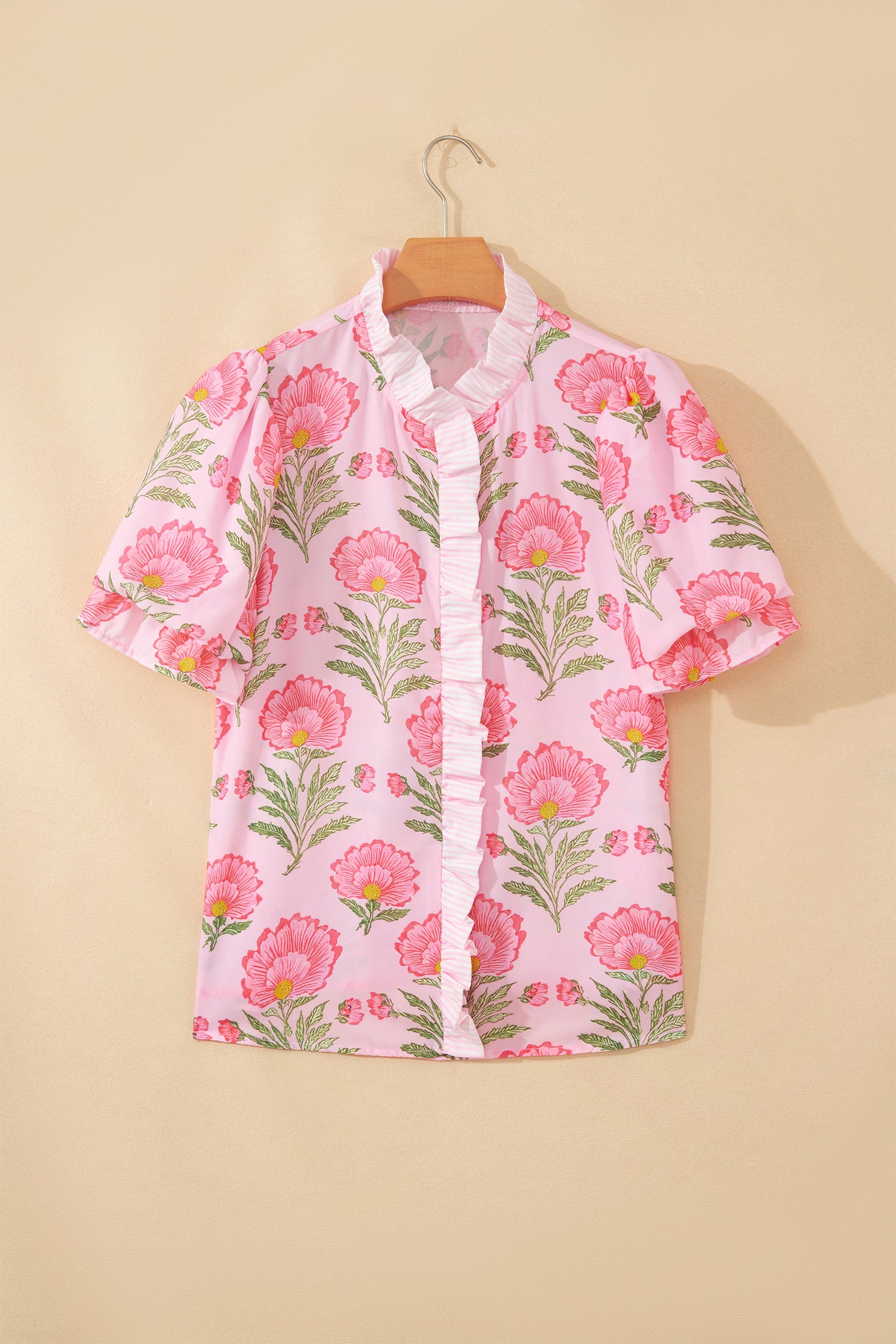 Pink Sweet Blooms Ruffle Striped Trim Puff Sleeve Shirt