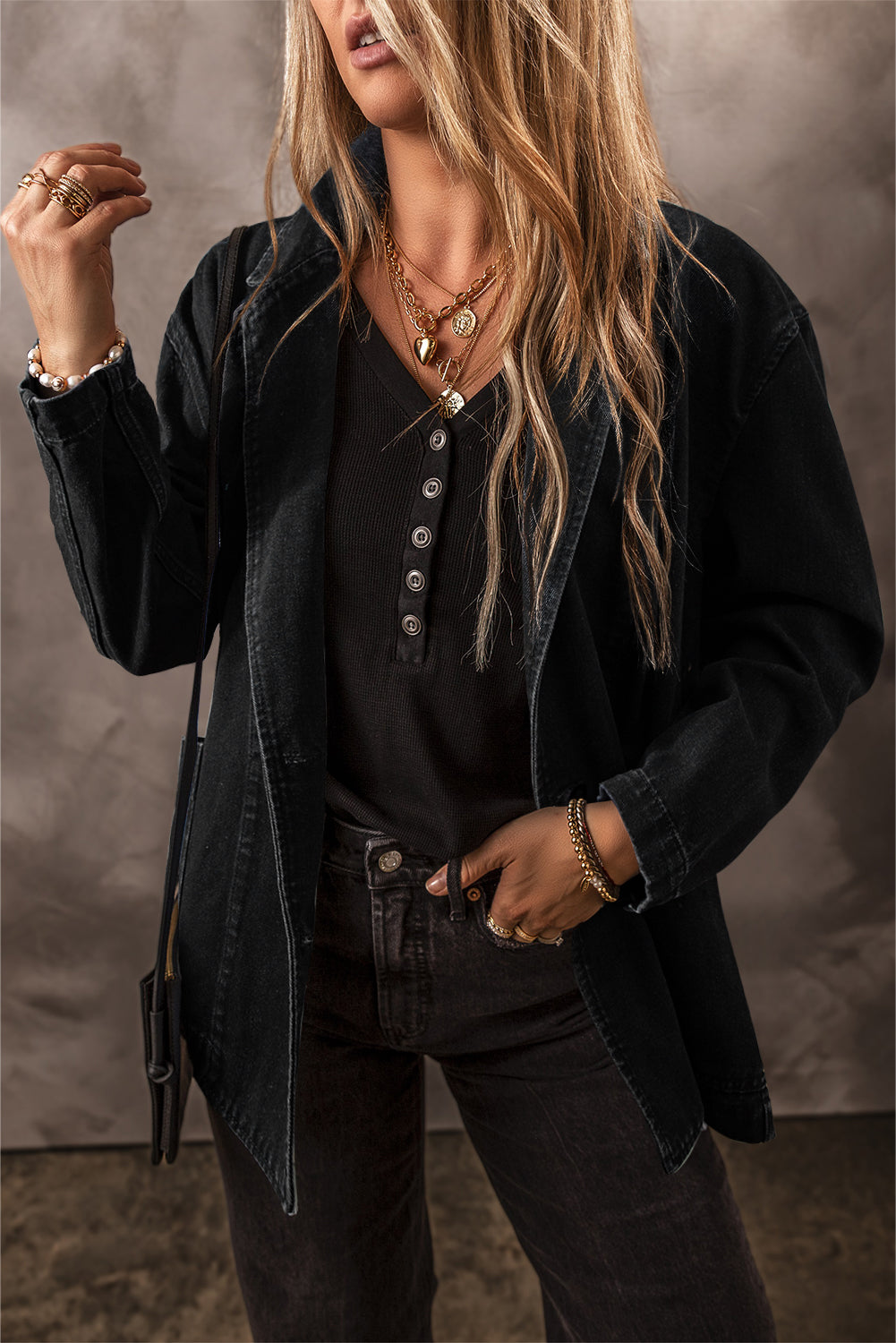 Veste femme poches, denim — noir