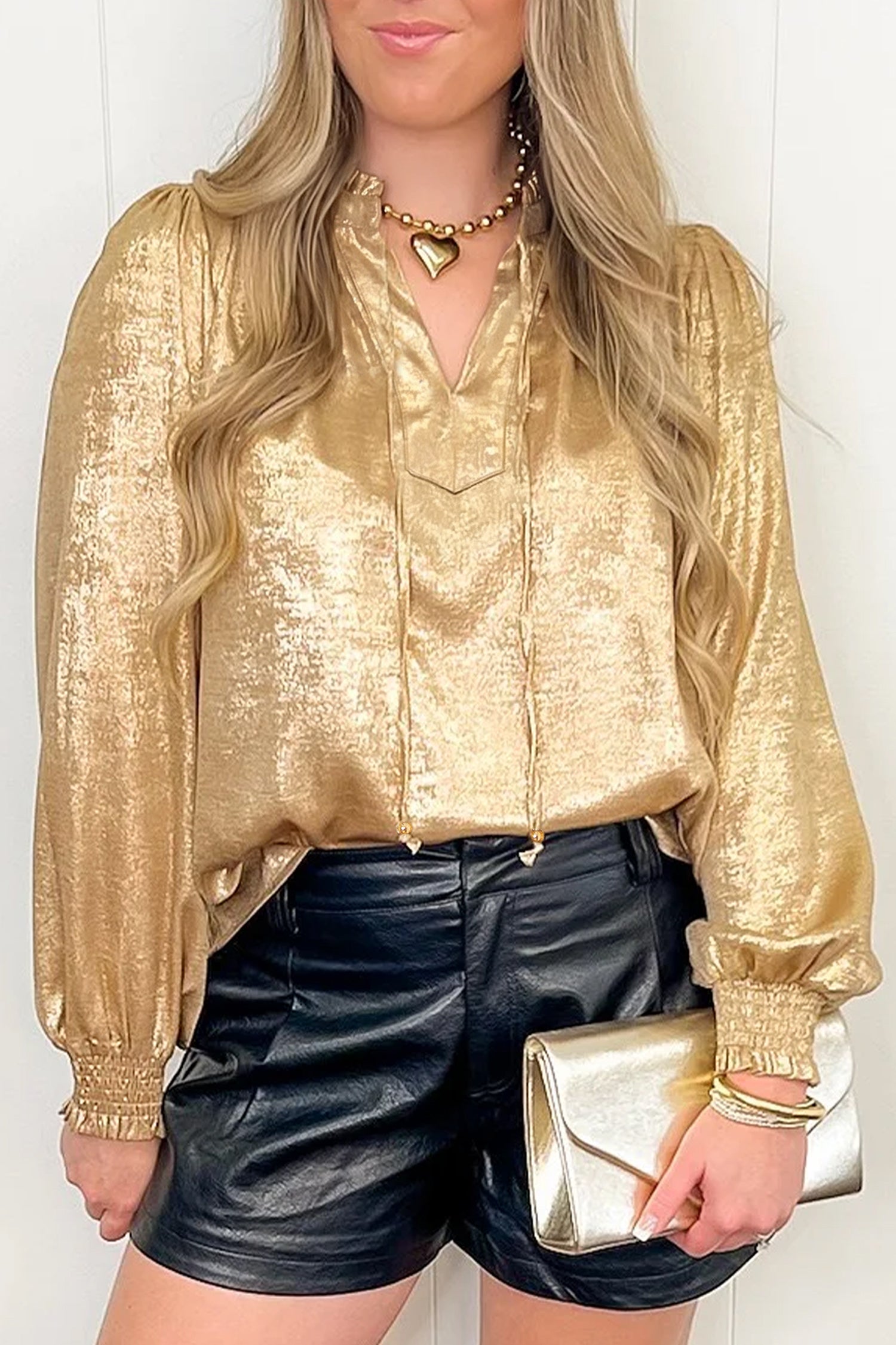 Blouse femme métallisé, manches longues, col V — doré