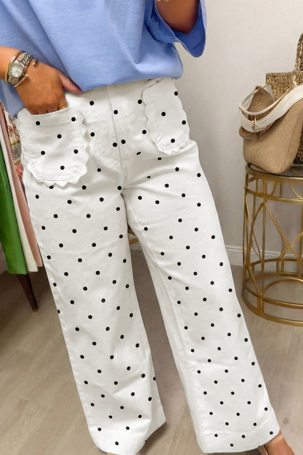 Pantalon femme pois, poches, festonné — blanc