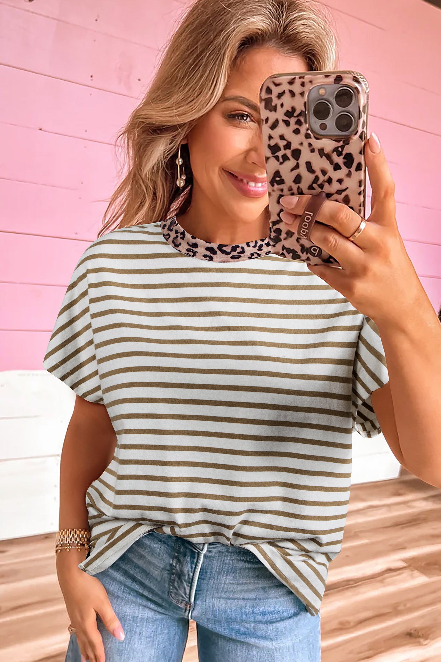 Khaki Stripe Leopard Patchwork — Tops/Tops & Tees, vue 3, LeGeekShop