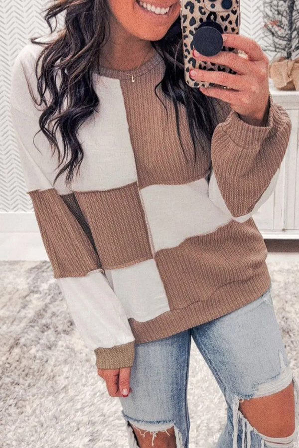 Pièce mode femme à carreaux, en maille, col rond, colorblock — kaki