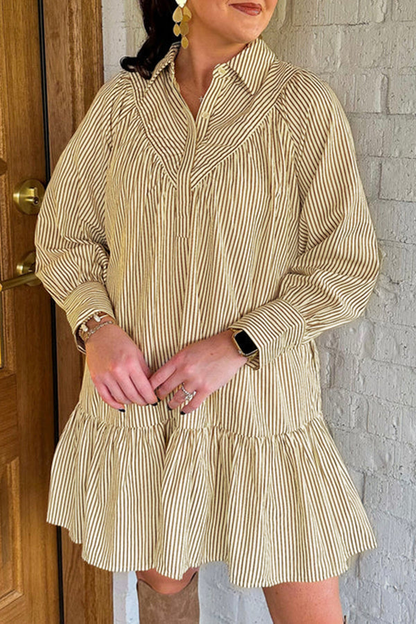 Robe courte femme rayé, manches longues — marron