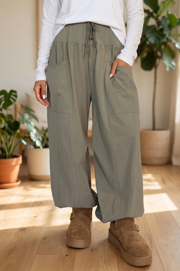 Pantalon femme à cordon, taille élastique, jambe large