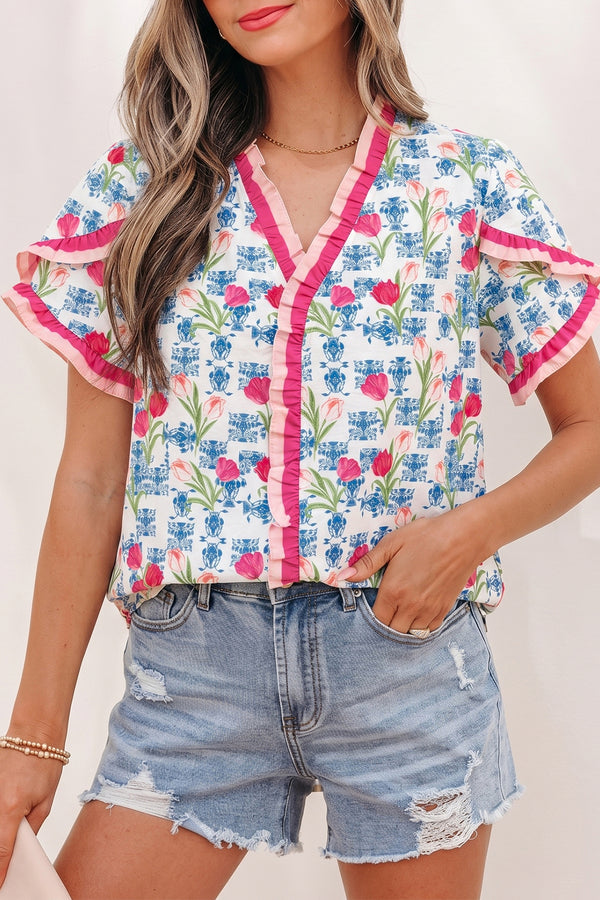 Rose Floral Print Ruffle V-Neck Short Sleeve Loose Tunic Shirt
